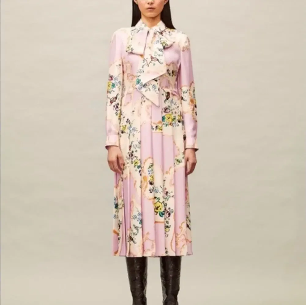 Tory Burch 10 Floral Print Tie Neck Silk Dress in Pink